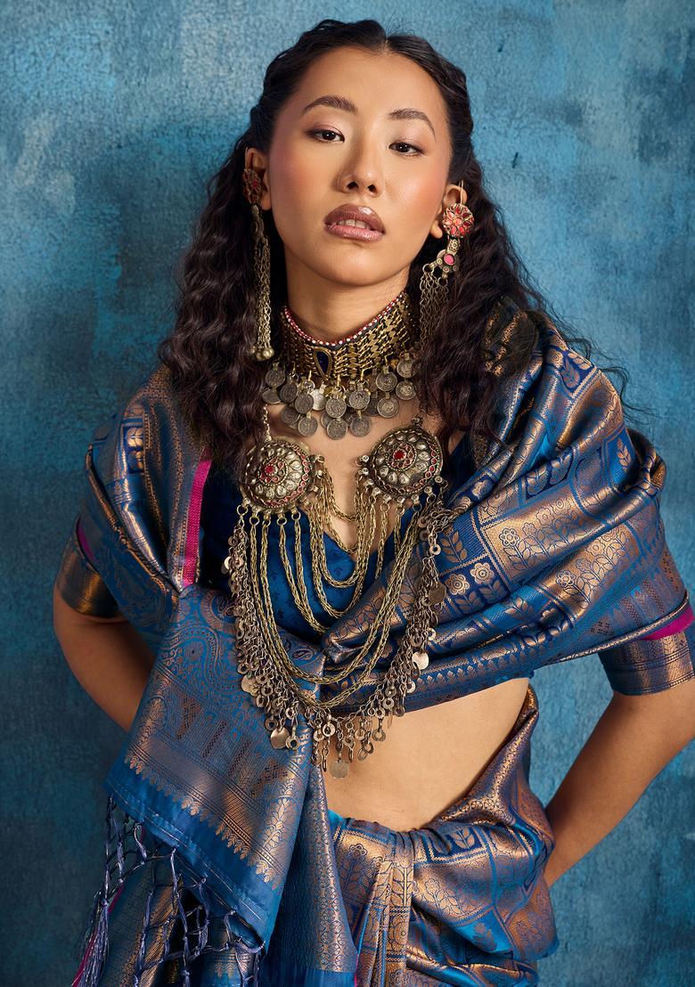 Blue Woven Design Silk Saree Set - Indya
