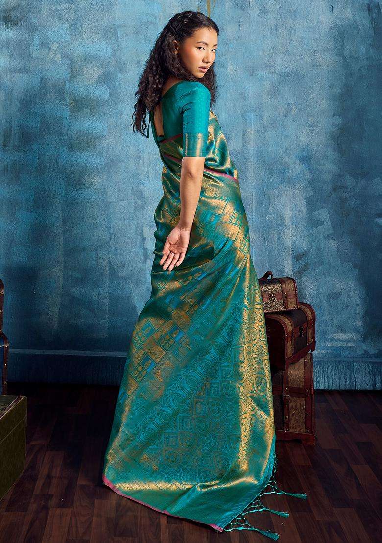 Teal Green Woven Design Silk Saree Set - Indya