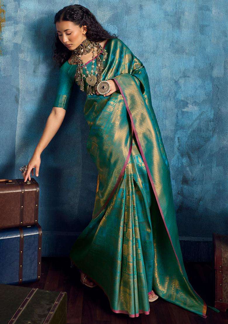 Teal Green Woven Design Silk Saree Set - Indya