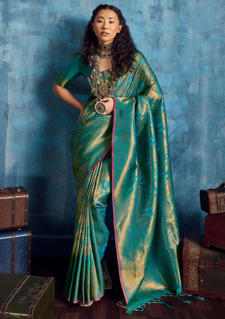 Teal Green Woven Design Silk Saree Set - Indya