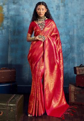 Red Woven Design Silk Saree Set