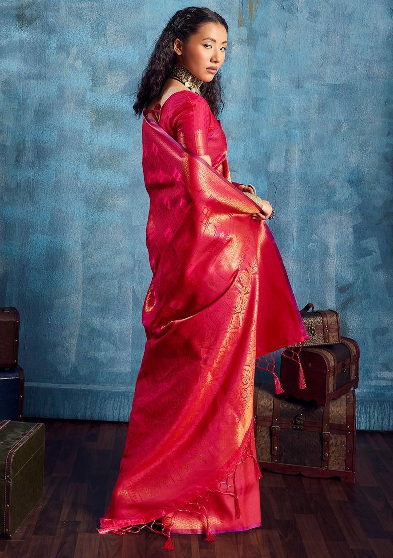 Red Woven Design Silk Saree Set - Indya