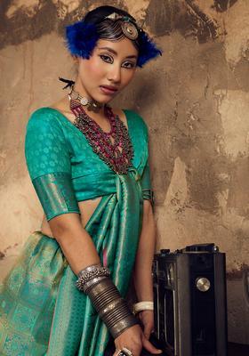 Teal Green Woven Design Silk Saree Set