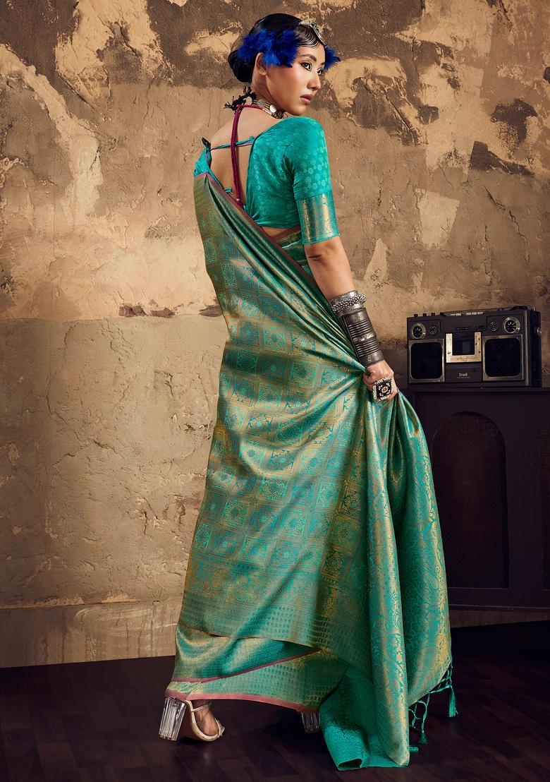 Teal Green Woven Design Silk Saree Set - Indya