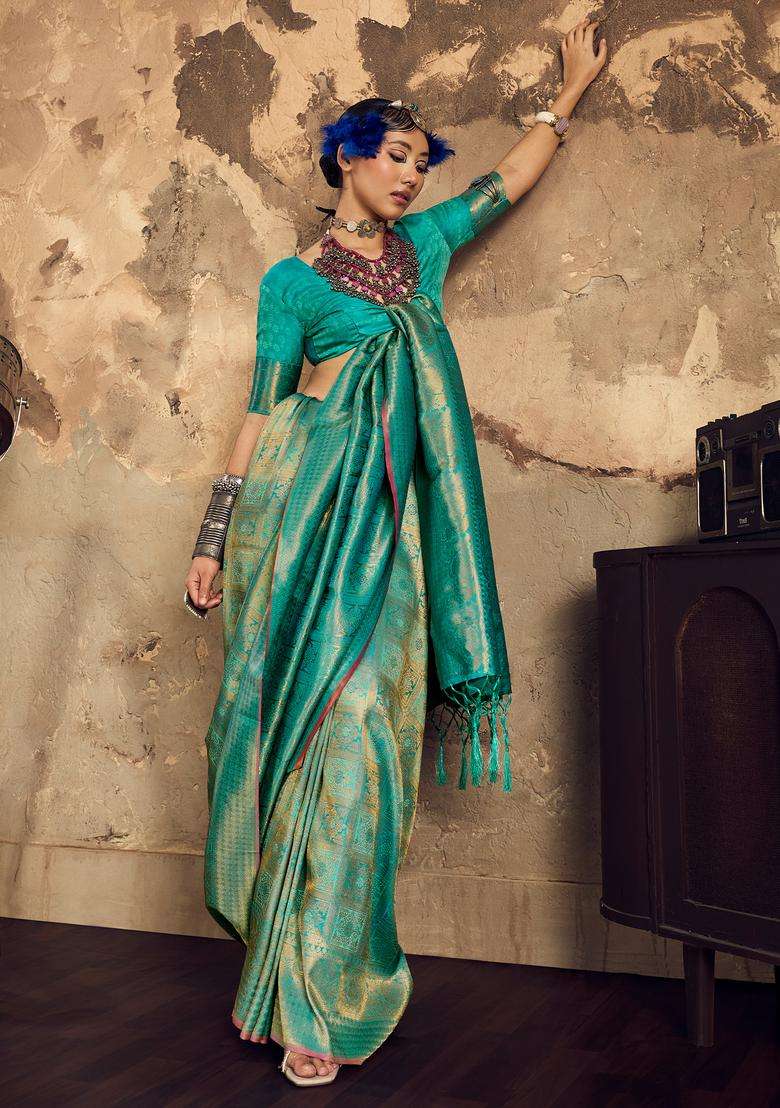 Teal Green Woven Design Silk Saree Set for Diwali and Festive Wear - Indya