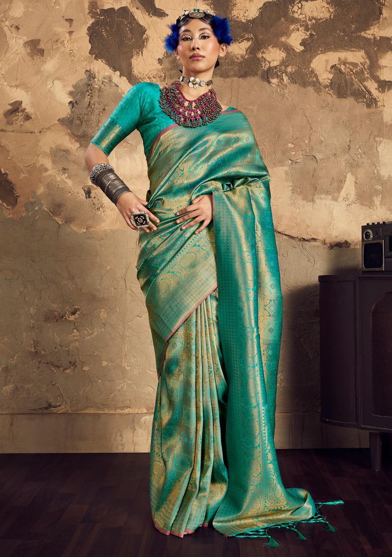Teal Green Woven Design Silk Saree Set - Indya