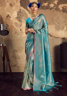 Light Blue Woven Design Silk Saree Set