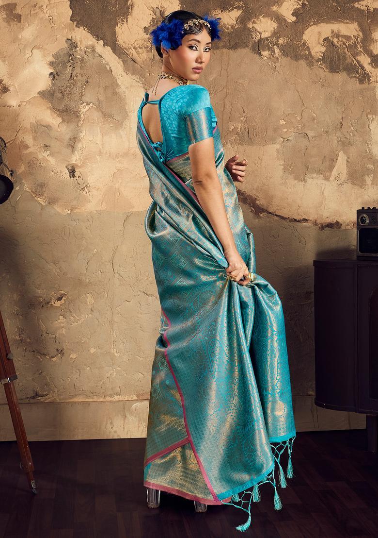 Light Blue Woven Design Silk Saree Set - Indya