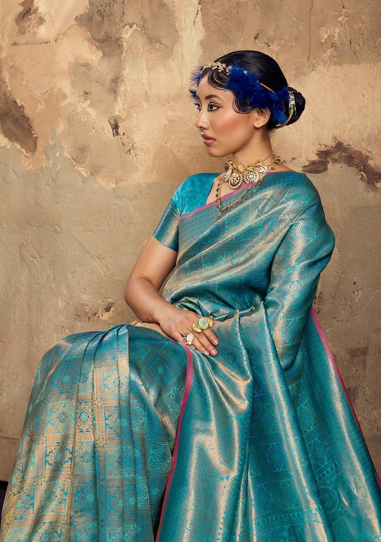 Light Blue Woven Design Silk Saree Set - Indya