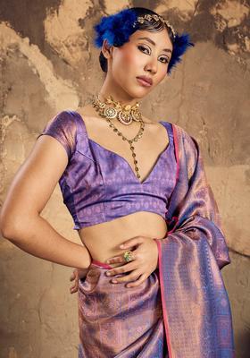 Lavender Woven Design Silk Saree Set