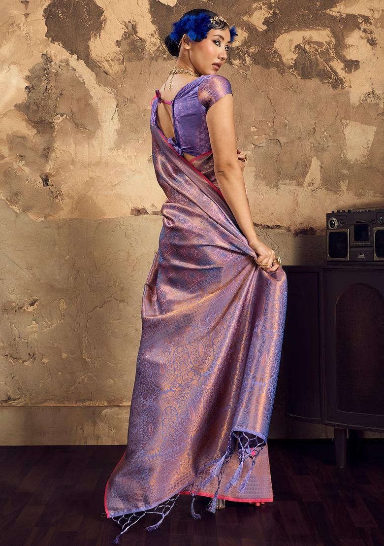 Lavender Woven Design Silk Saree Set - Indya