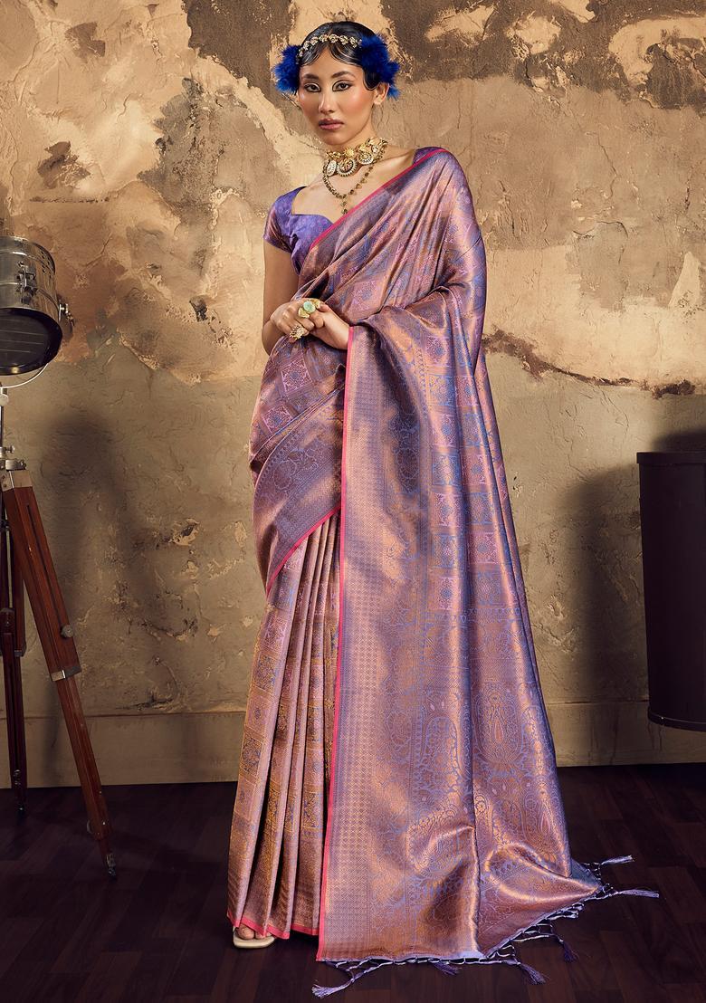 Lavender Woven Design Silk Saree Set - Indya