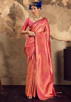 Peach Woven Design Silk Saree Set