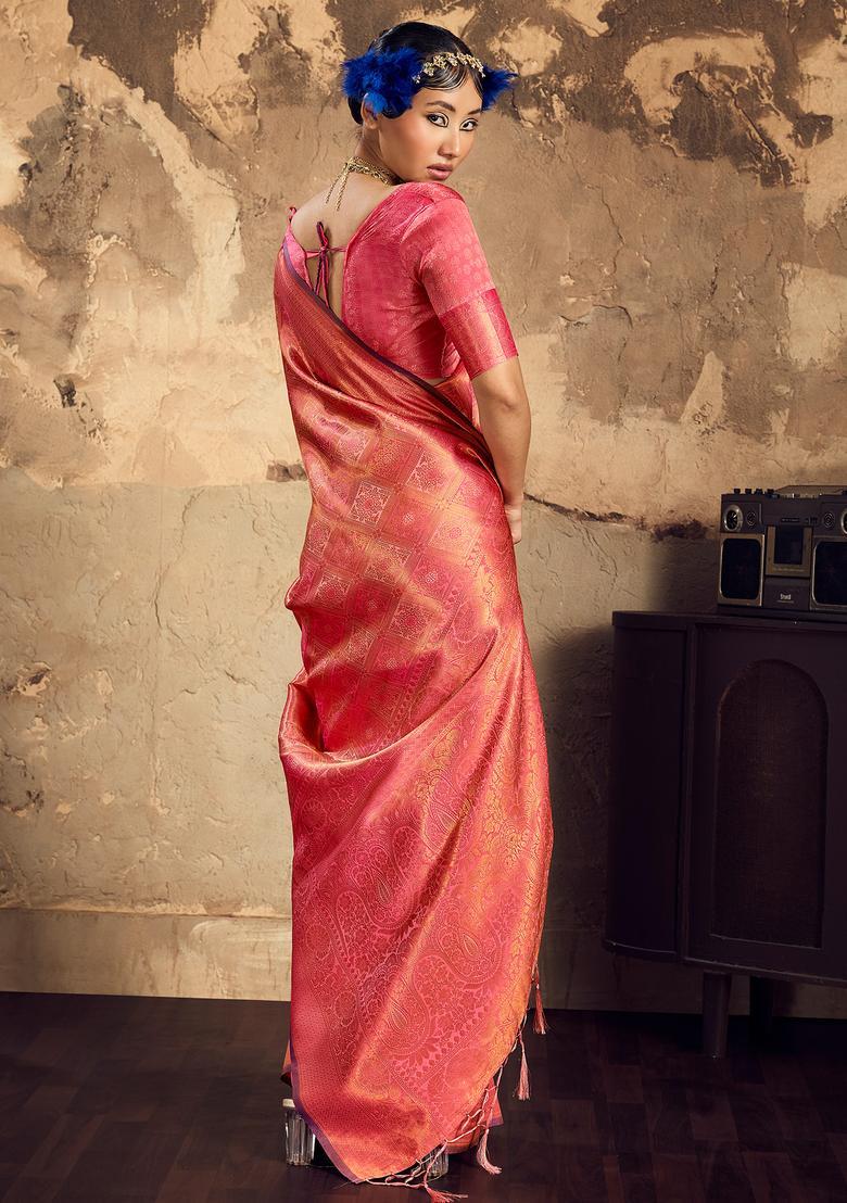 Peach Woven Design Silk Saree Set - Indya