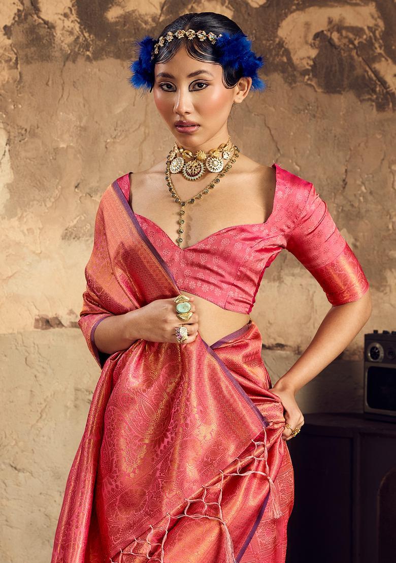 Peach Woven Design Silk Saree Set - Indya