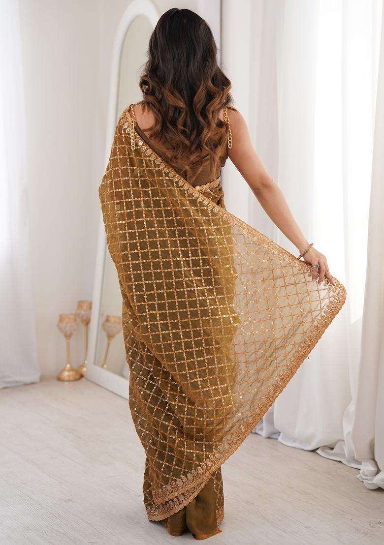 Olive Embellished Tissue Saree Set - Indya