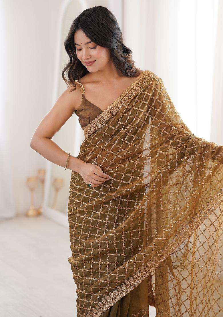 Olive Embellished Tissue Saree Set - Indya