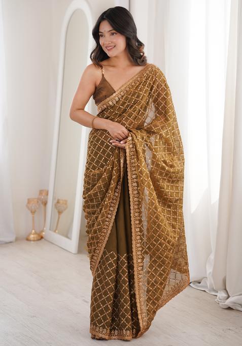 Olive Embellished Tissue Saree Set for Diwali | Wedding & Festive Wear