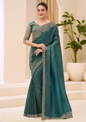 Teal Green Embellished Tissue Saree Set