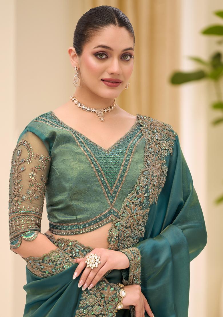Teal Green Embellished Tissue Saree Set - Indya