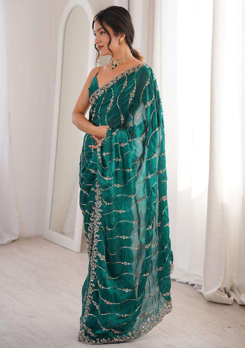Teal Green Embellished Satin Saree Set - Indya