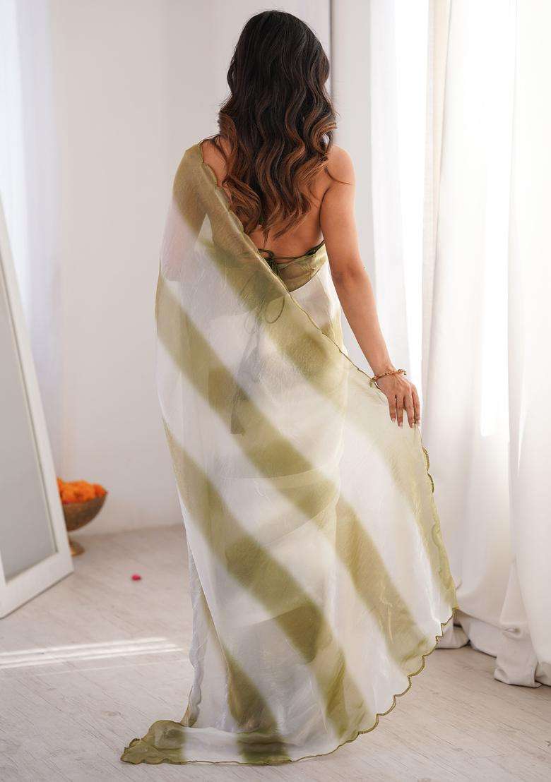 Olive Solid Satin Saree Set - Indya