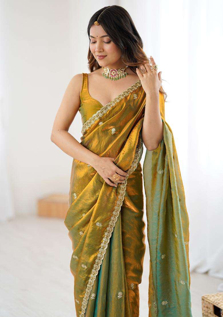 Olive Embellished Satin Saree Set for Diwali | Wedding & Festive Wear - Indya