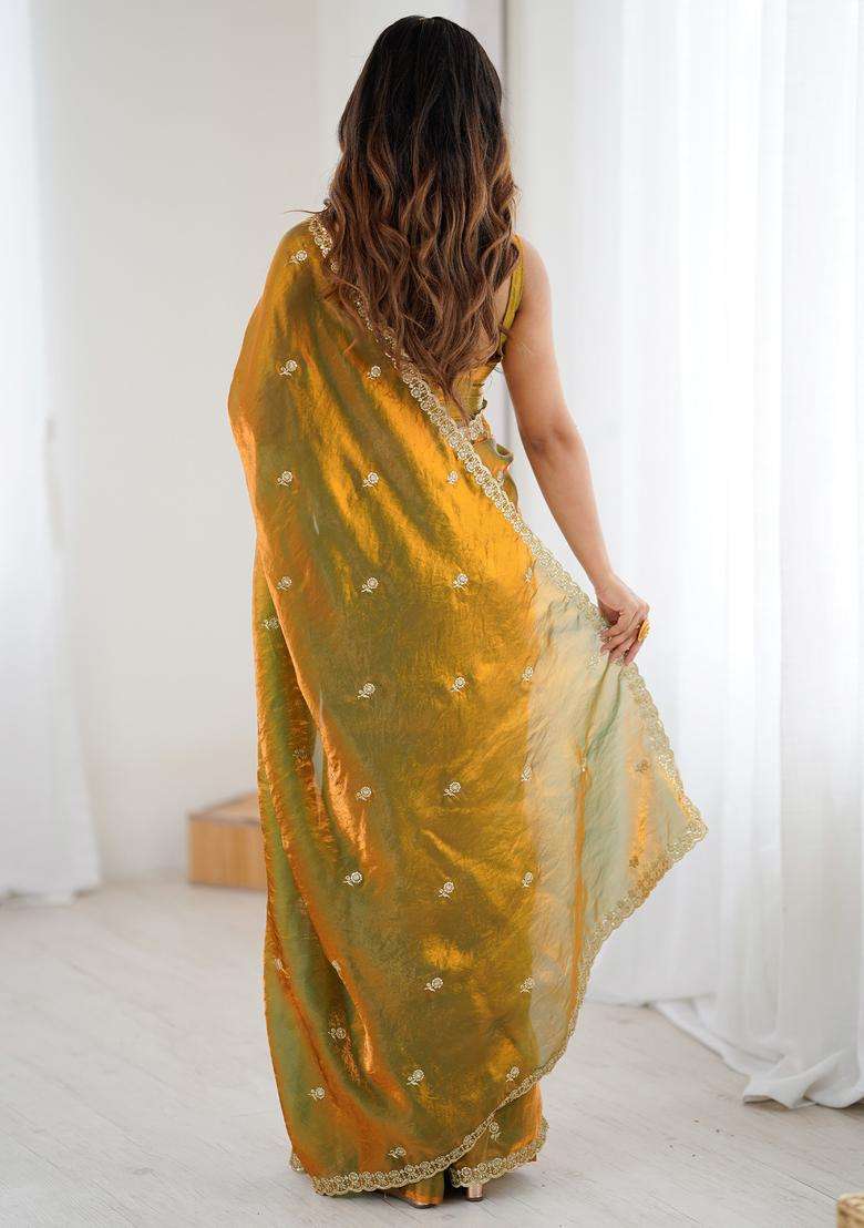 Olive Embellished Satin Saree Set for Diwali | Wedding & Festive Wear - Indya