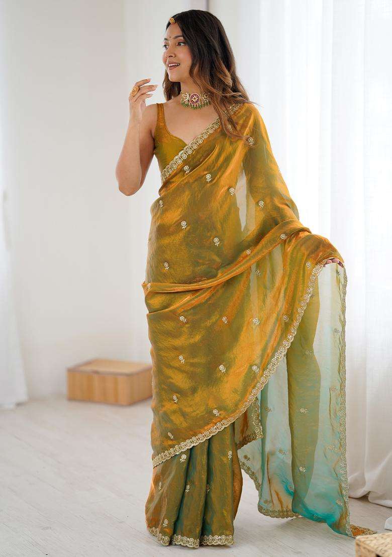 Olive Embellished Satin Saree Set for Diwali | Wedding & Festive Wear - Indya