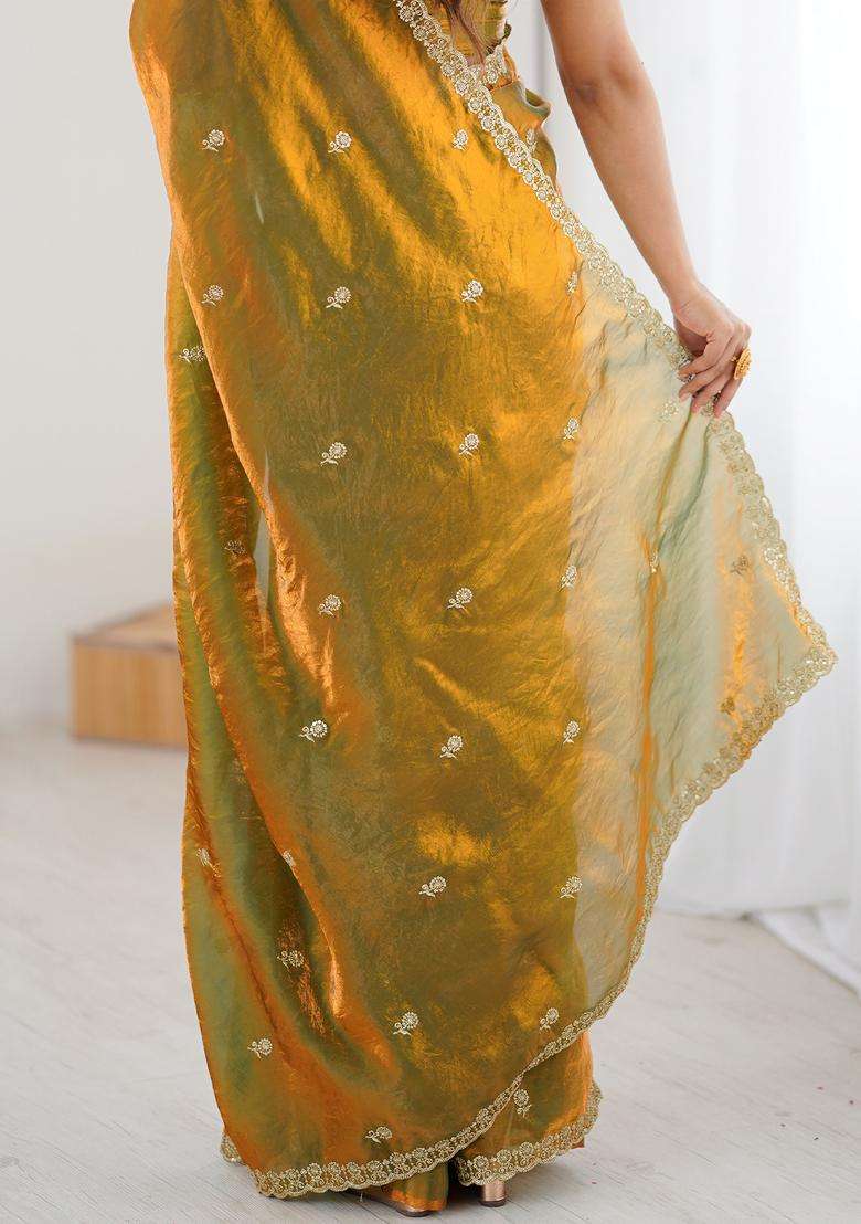 Olive Embellished Satin Saree Set for Diwali | Wedding & Festive Wear - Indya