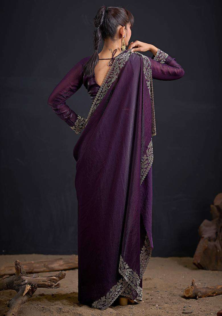 Wine Embellished Silk Saree Set - Indya