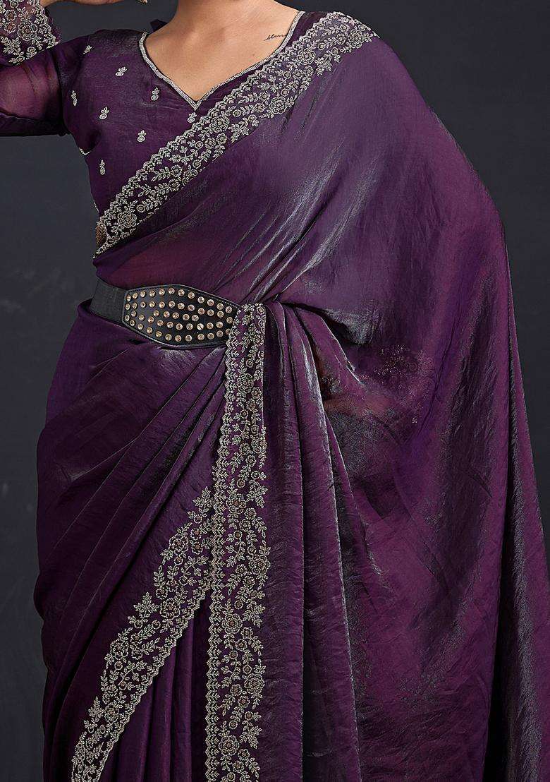 Wine Embellished Silk Saree Set - Indya