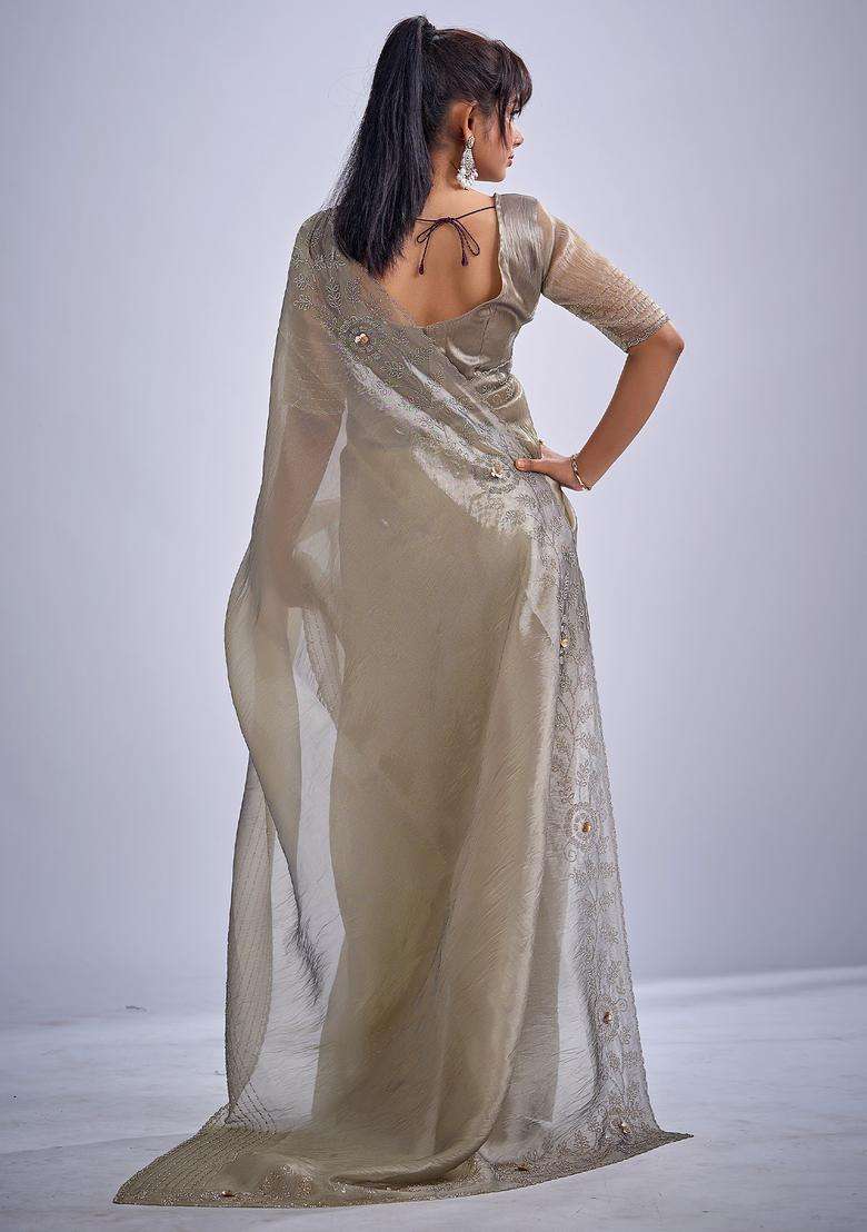 Silver Embellished Organza Saree Set - Indya