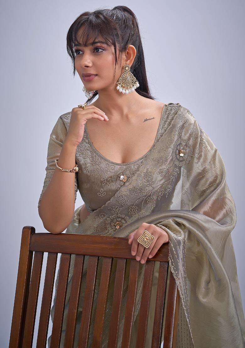Silver Embellished Organza Saree Set - Indya