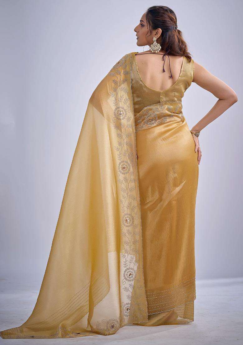 Mustard Embellished Organza Saree Set - Indya