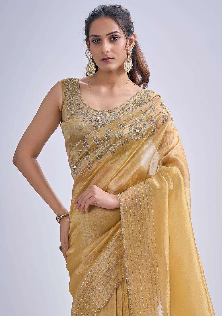 Mustard Embellished Organza Saree Set - Indya