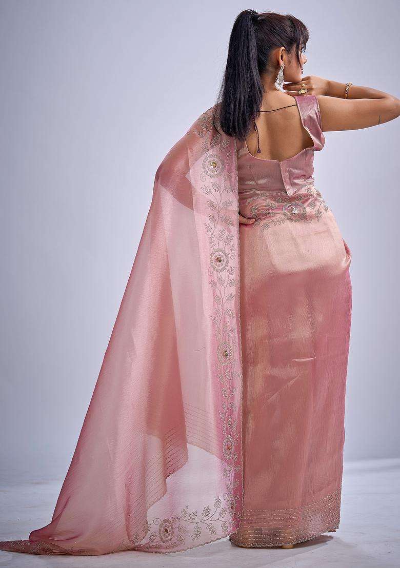 Pink Embellished Organza Saree Set - Indya