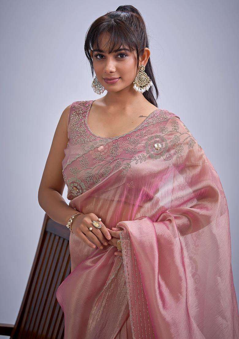 Pink Embellished Organza Saree Set - Indya