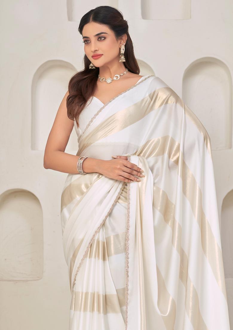 Off White Embellished Silk Saree Set - Indya
