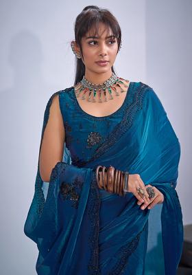 Teal Blue Embellished Silk Saree Set