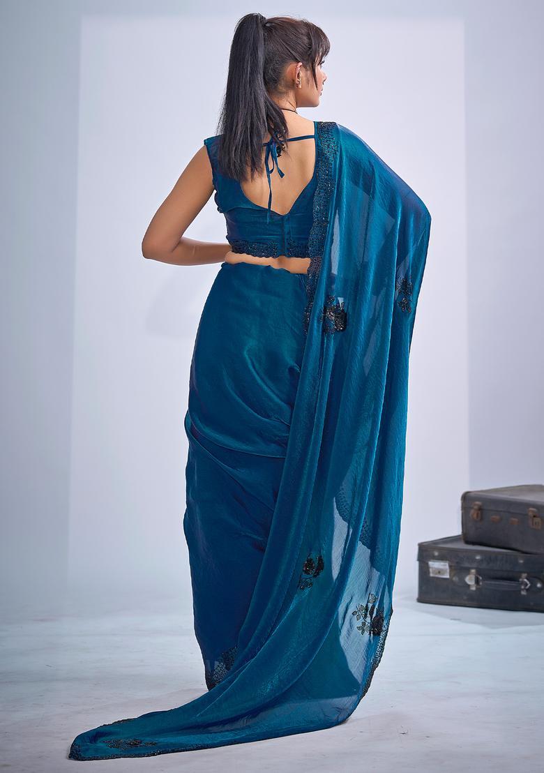 Teal Blue Embellished Silk Saree Set - Indya