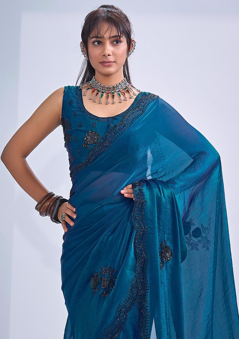 Teal Blue Embellished Silk Saree Set - Indya