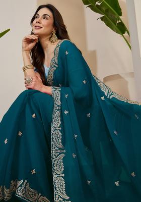 Teal Blue Embroidery Tissue Saree Set