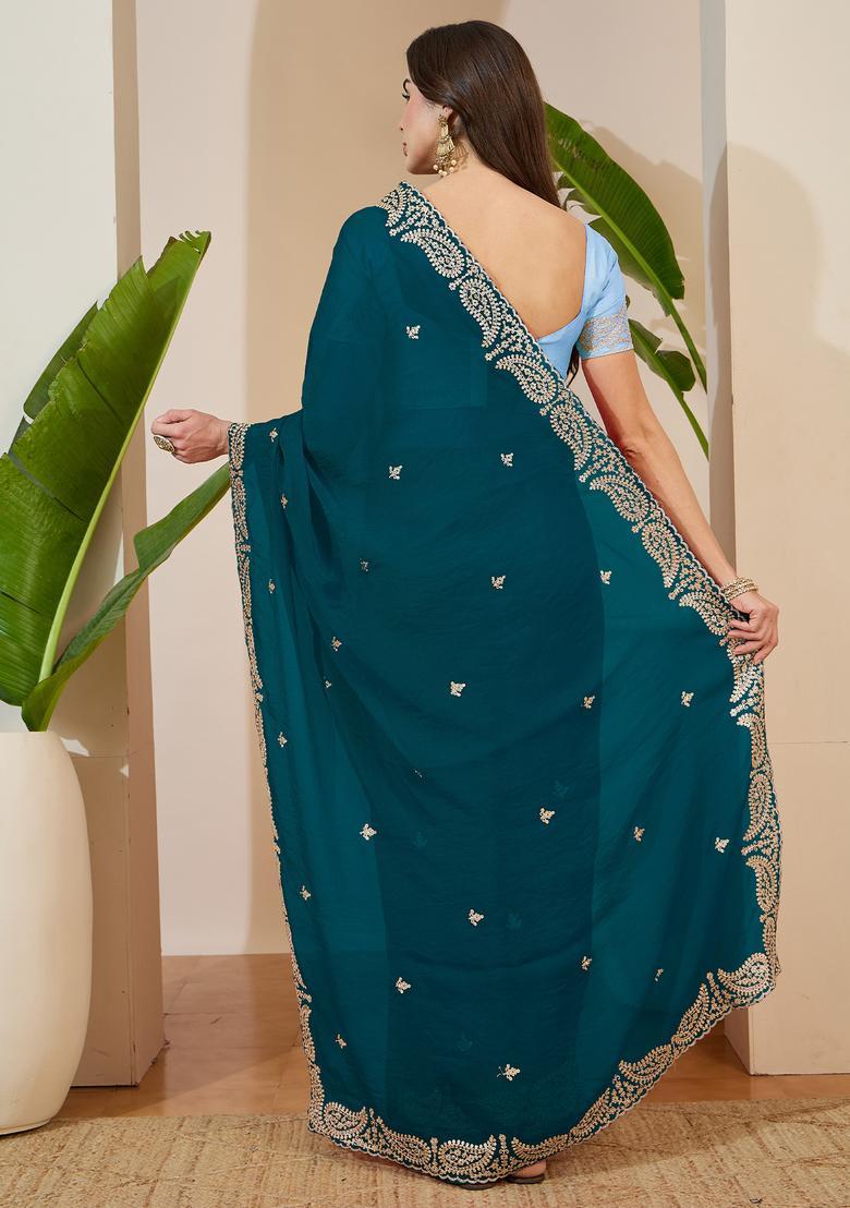 Teal Blue Embroidery Tissue Saree Set - Indya