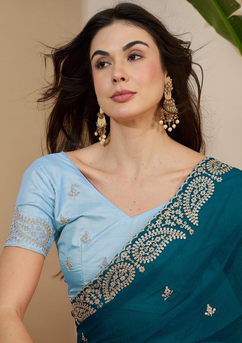 Teal Blue Embroidery Tissue Saree Set - Indya