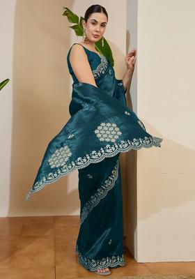 Teal Blue Embroidery Tissue Saree Set