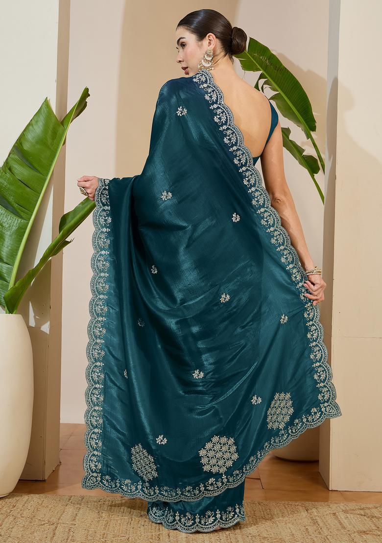 Teal Blue Embroidery Tissue Saree Set - Indya