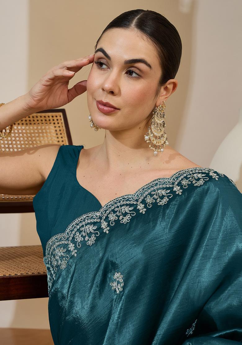 Teal Blue Embroidery Tissue Saree Set - Indya