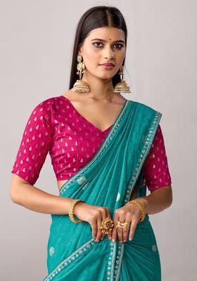 Teal Green Woven Design Silk Saree Set