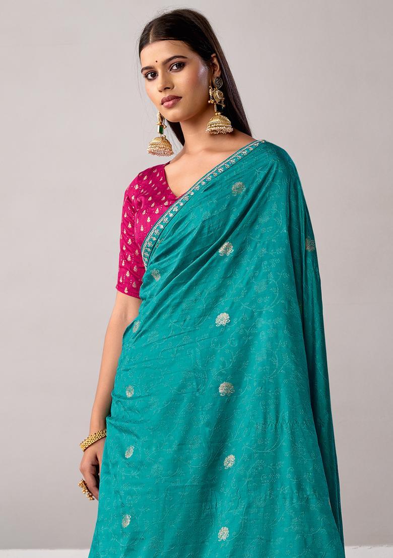 Teal Green Woven Design Silk Saree Set - Indya